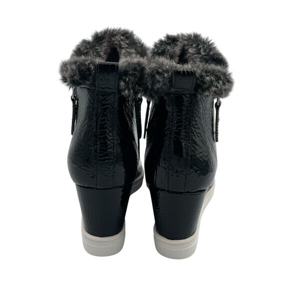 Linea Paolo Foxie Bootie Black Patent Leather Faux Fur Trim Wedge Sneakers - Picture 7 of 11